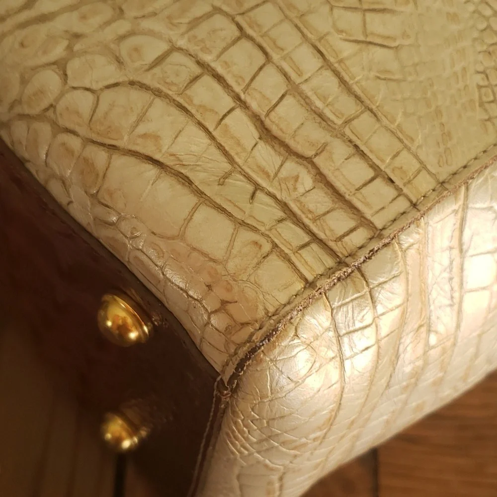 Brahmin Cream Tote with Brown Croc-Embossed Trim